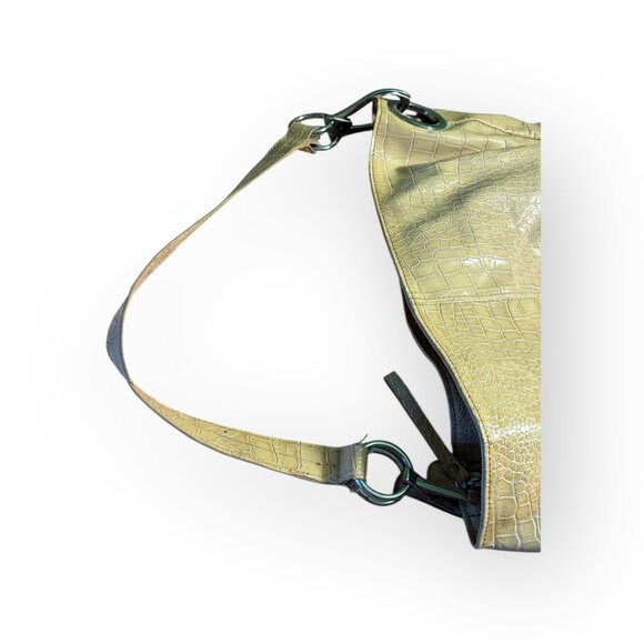 Croc-Embossed Beige Faux Leather Shoulder Bag With Detachable Strap & Silver-Ton - Picture 2 of 5